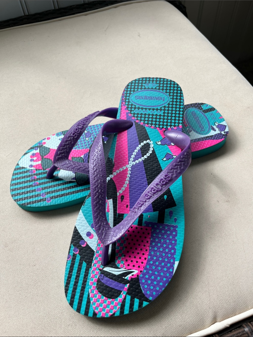 Havaianas Purple Strap Flip Flops with Teal & Pink Graphic Footbeds